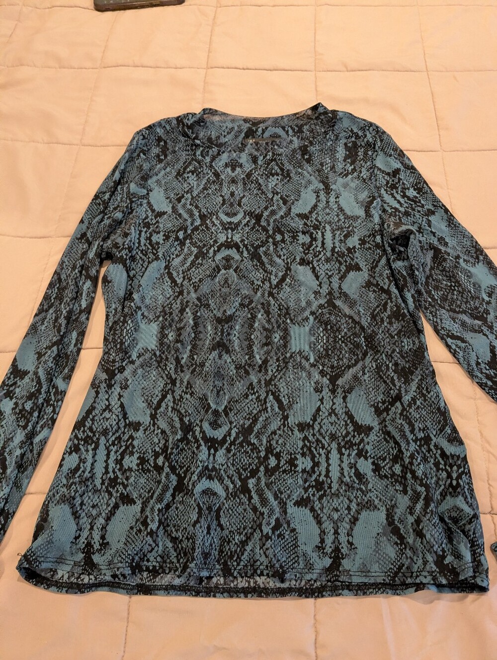 INC International Concepts Black and Blue Snake-Print Mesh Long Sleeve Tee